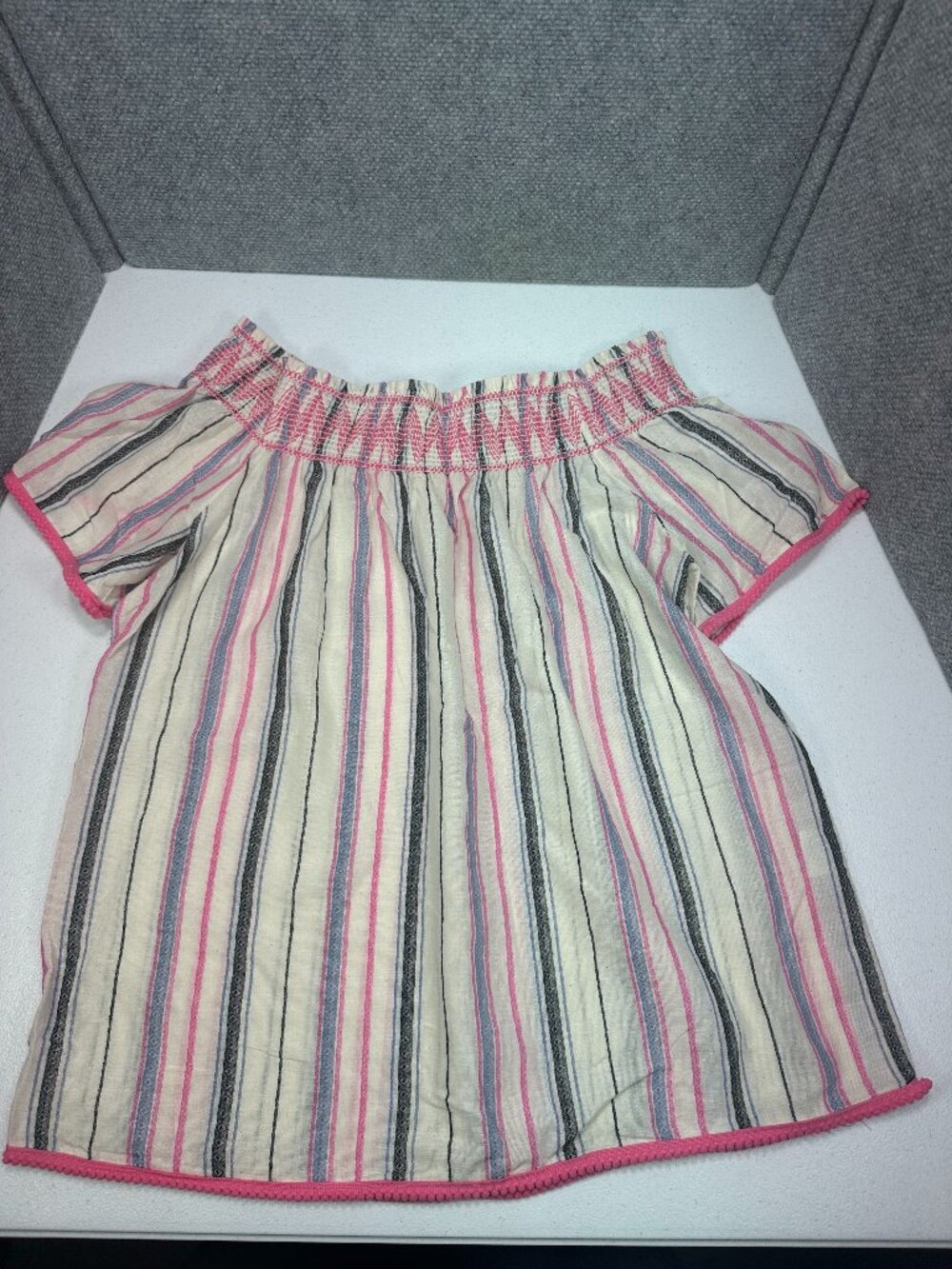 Solitaire L Striped Off Shoulder Boho Blouse Pink Pom Pom 100% Cotton